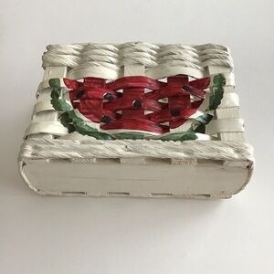 Watermelon Napkin Holder Hand Painted White Basket Farmhouse Cottagecore Vintage